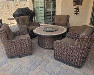 Woven Outdoor Seating with firepit table 4 chairs