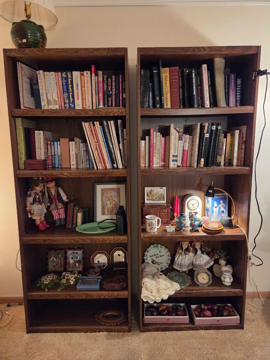 Wood bookshelf filled with books, collectible clocks, decorative plates, and small figurines.