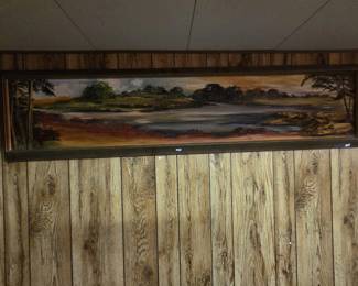 Long horizontal original landscape oil painting on board, roughly six feet wide, depicting a river scene with trees and a warm sunset sky, signed by the artist at lower right and housed in a wood frame. A statement piece for a large wall.