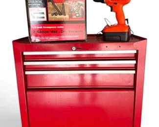 Red Metal Tool Cabinet, Craftsman Shop Vac, and Black Decker Drill