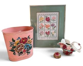 Vintage Floral Metal Wastebasket, Rose CrossStitch, Paperweight, Ceramic Planter