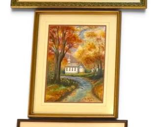 A Stream in Gatlinburg, Streamside Church, Autumn Road Pastel Watercolor Paintings, Signed