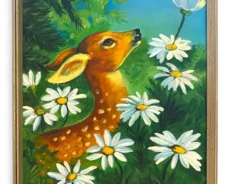 Vintage Spotted Fawn with Yellow Butterfly Daisies Oil Painting, Signed by Local Artist