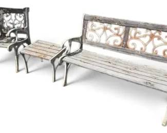 CastIron Wood Slat Patio Set TwoPerson Garden Bench, Arm Chair, Square Table