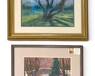Bridge at Millcreek Gnarled Tree Pastel Watercolor Paintings, Signed by Local Artist