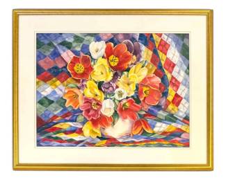Vibrant Floral Bouquet on Quilt Backdrop Pastel Watercolor Painting, Signed by Local Artist