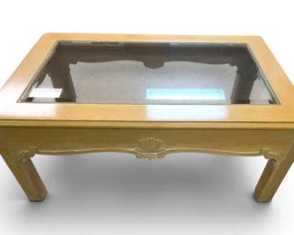 Gordons Furniture Country French Pickled Wood Glass Top Coffee Table
