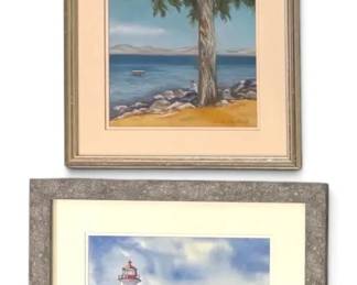 Alpine Beach Lighthouse Shore Pastel Watercolor Paintings, Signed by Local Artist