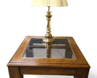 Wooden Glass Top End Table w Lamp
