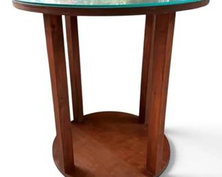 Round Wooden Side Table with Glass Top