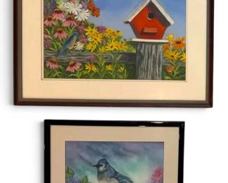 Birdhouse Bluejay with Lilac Blossoms Pastel Watercolor Paintings, Signed by Local Artist