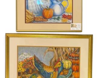 Original Autumn Poultry Autumn Medley Pastel Watercolor Paintings, Signed by Local Artist