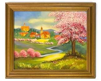 1975 Cherry Blossom Surrounding Country Village Oil Painting, Signed by Local Artist
