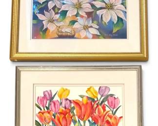 White Poinsettias Colorful Tulips Pastel Watercolor Paintings, Signed by Local Artist