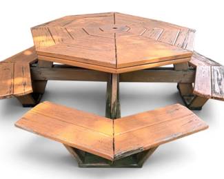 Wooden Octagonal Picnic Table w 4 Wooden VShaped Attached Seats