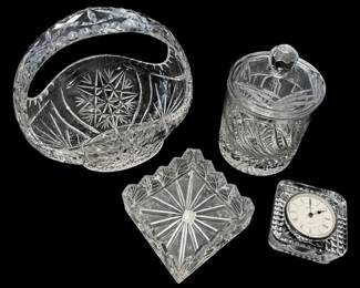 Cut Crystal Basket, Clock, Jar, Napkin Halsey