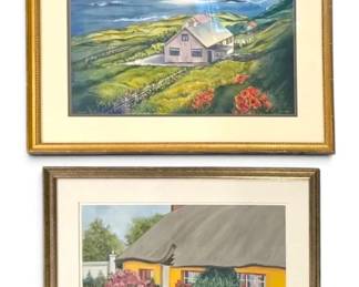 Adieu Coastal Farmhouse Above Rolling Hills Pastel Watercolor Paintings, Signed by Local Artist