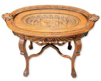 French Renaissance Revival Style Walnut Coffee Tray Table w Carved Arion of Lesbos Relief