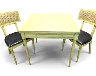 Vintage Yellow Faux Bamboo Table Two Cane Back Chairs