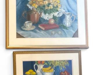 Ready to Serve Yellow Floral Bouquet Pastel Watercolor Paintings, Signed by Local Artist