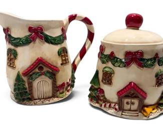 Ceramic Christmas Cottage Pitcher Canister