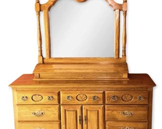 American Drew TwoPiece Oak Dresser Mirror w Storage