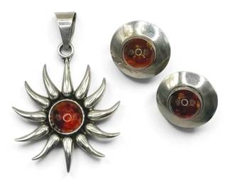 925 Sterling Silver Baltic Amber Sunburst Pendant and Earrings 27.36g Total
