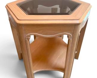 Hexagonal Wooden End Table w Glass Top