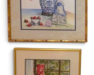 The Cranberry Lamp Chinoiserie Jar Pastel Watercolor Paintings, Signed by Local Artist