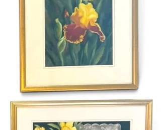 Blooming Yellow Irises Daffodils Pastel Watercolor Paintings, Signed by Local Artist