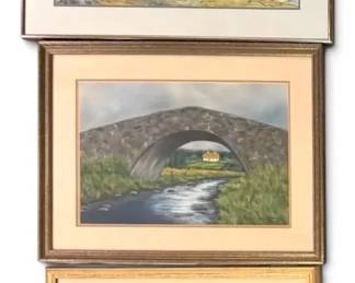 Boat on Lake, Country Bridge, Beach Sunset Pastel Watercolor Paintings, Signed by Local Artist