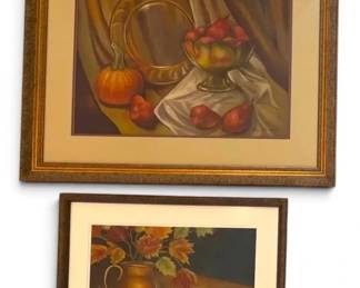Autumn Leaves Fruit Pastel Watercolor Paintings, Signed by Local Artist