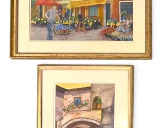 Assisi Italian Market Pastel Watercolor Paintings, Signed by Local Artist