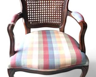 Cane Back Plaid Upholstered Armchair