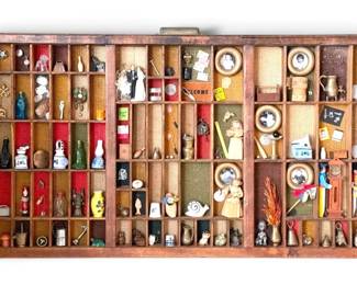 Antique Wooden Letterpress Printers Tray Shadow Box w Trinkets