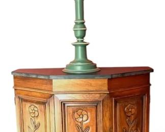Floral Carved Wooden Console Table Cabinet w Lamp