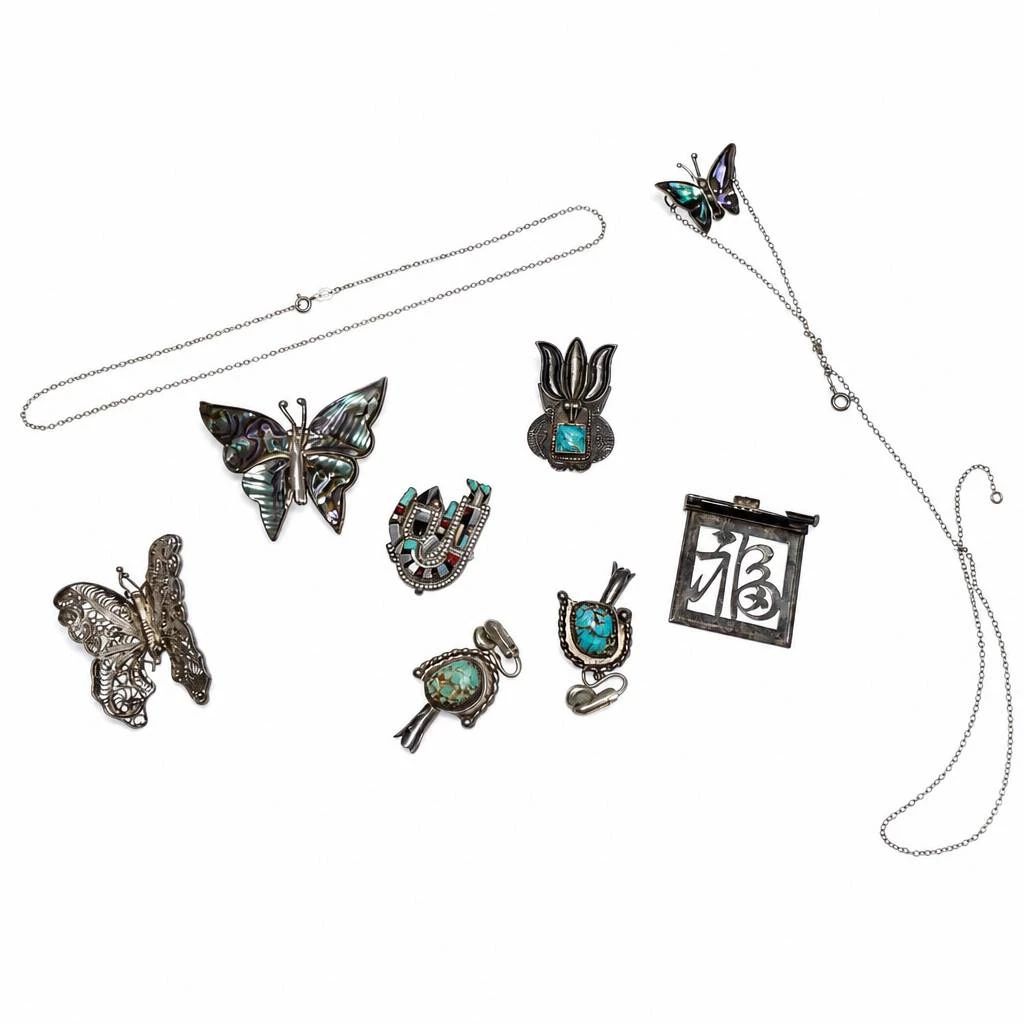 Lot #1 Sterling Silver Jewelry Lot Butterfly Brooches Turquoise Native American Pendants 9pc