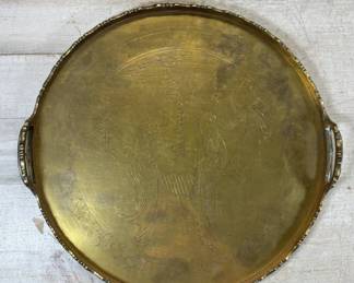 Lot #91 Brass Etched Round Serving Tray Asian Figural Scene Scalloped Edge Handles China