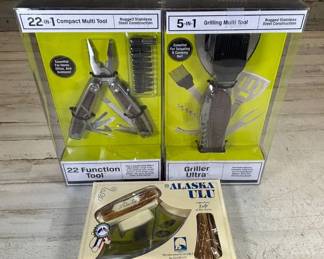 Lot #146 Alaska Ulu Factory Knife w Stand + Protocol 22-in-1 Multi Tool & Griller Ultra BBQ