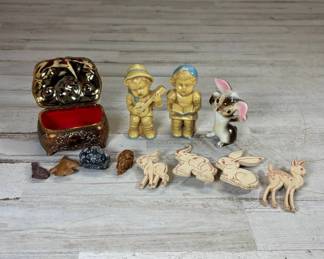 Lot #76 Vintage Figurine Lot Ceramic Children Porcelain Bunny Wood Animals Gold Jewelry Box