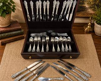 Lot #163 Wallace Sterling Silver Grande Baroque Flatware Set 108 Pc Mahogany Box