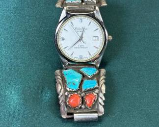 Lot #102 Native American Sterling Silver Turquoise Coral Watch Tips Philip Persio Quartz Wayne C.