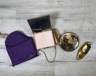 Lot #85 Marhill Mother of Pearl Compact & Dorothy Gray Lipstick Chain Set + W. Germany Compact + Brass Shoe