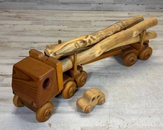 Lot #55 Divine Logger 40 Handcrafted Pine Wooden Semi Log Hauler Truck w/ Car, Model 329