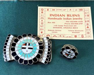 Lot #107 J.D. Massie Zuni Sun Face Channel Inlay Belt Buckle & Ring, Turquoise Onyx MOP