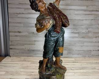 Lot #64 Antique Polychrome Chalkware Figurine Barefoot Boy Eating Cherries 19th C