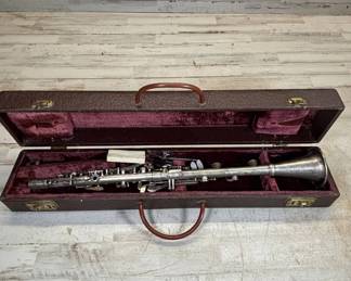 Lot #47 Antique Silver-Plate Metal Clarinet Engraved Bell Maker's Mark w/ Mouthpiece & Case c1900