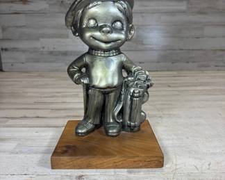 Lot #57 Vintage Pewter-Tone Boy Golfer Figurine Statue Golf Bag Clubs Wood Base Trophy