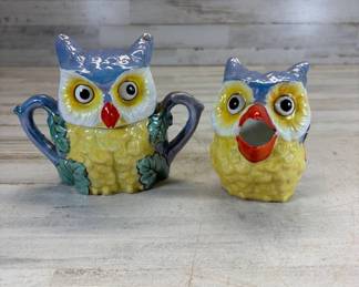 Lot #130 Vintage Ceramic Owl Figural Teapot & Sugar Bowl Set Yellow Blue 1960s Novelty