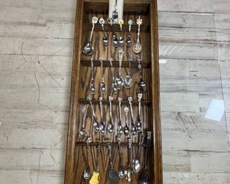 Lot #50 Vintage Souvenir Spoon Lot 30+ Silverplate Figural w/ Oak Wall Display Rack